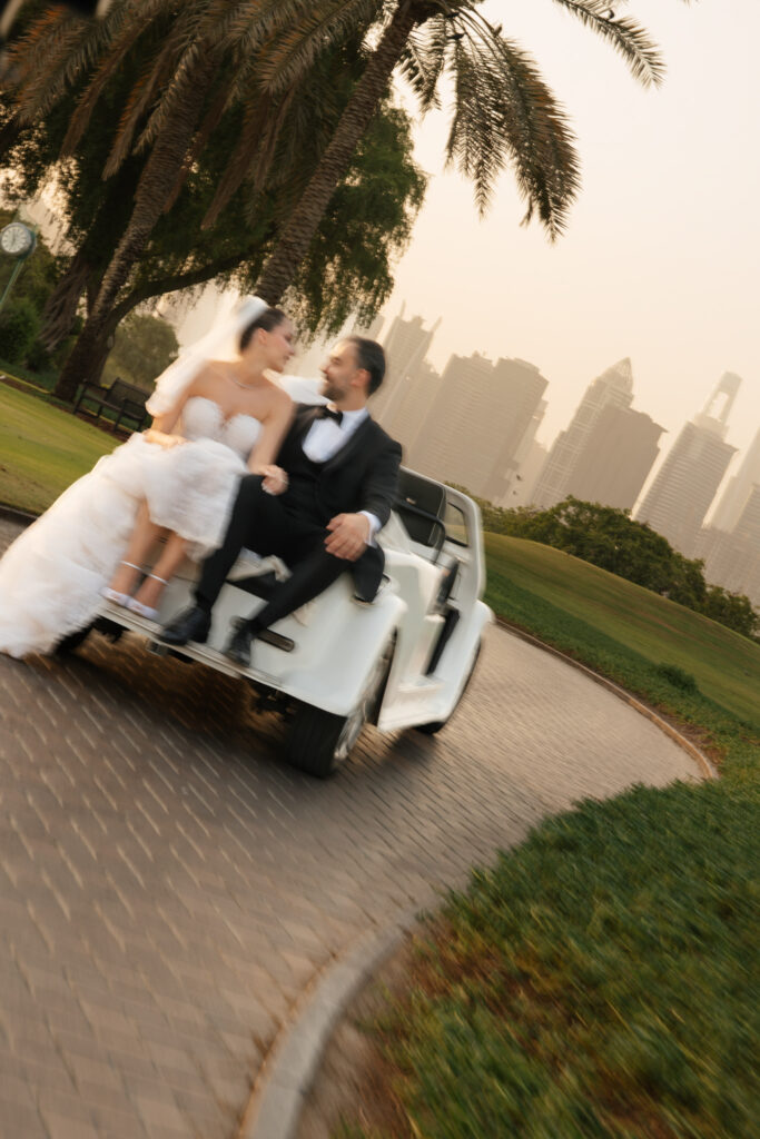 Couple on golf cart wedding. | Gabys Films