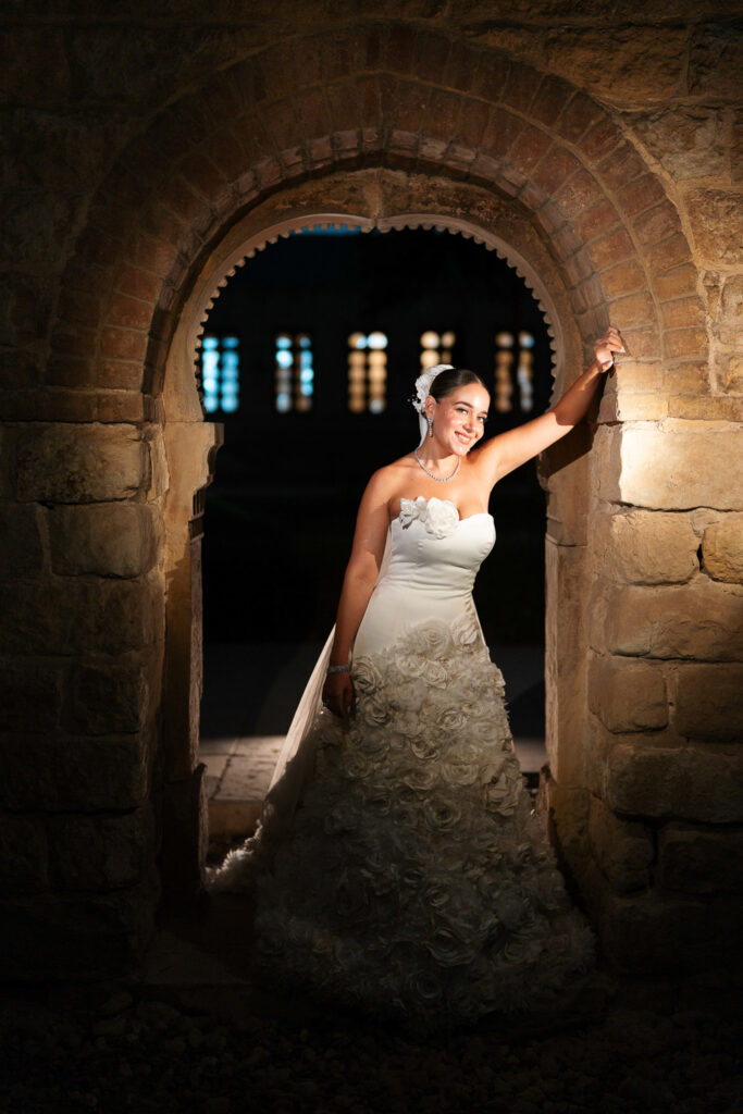 Bride in strapless floral gown. | Gabys Films