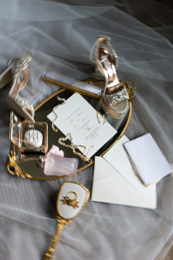 Bridal accessories on mirrored tray. | Gabys Films